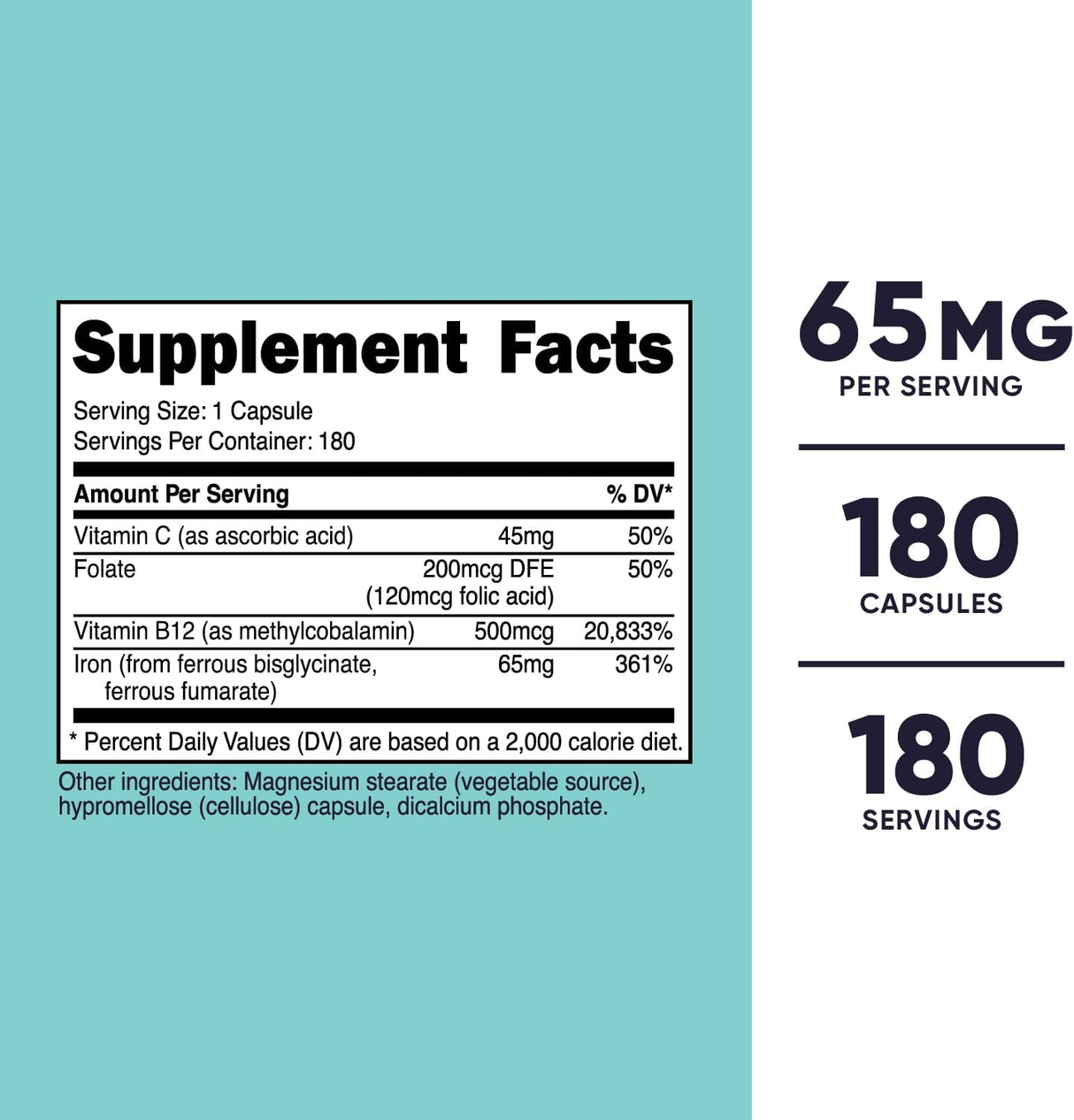 Suplemento Nutricost Hierro para mujeres de 65 mg, 180 cáp