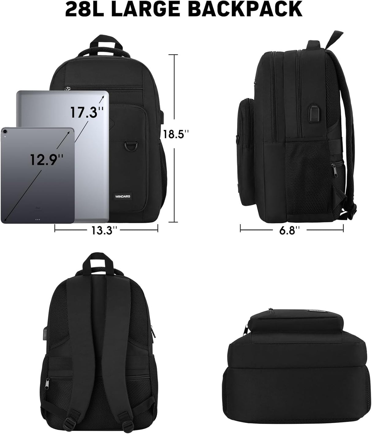 Mochila Casual Unisex, Ligera, 17.3 con Cargador USB, Modelo X