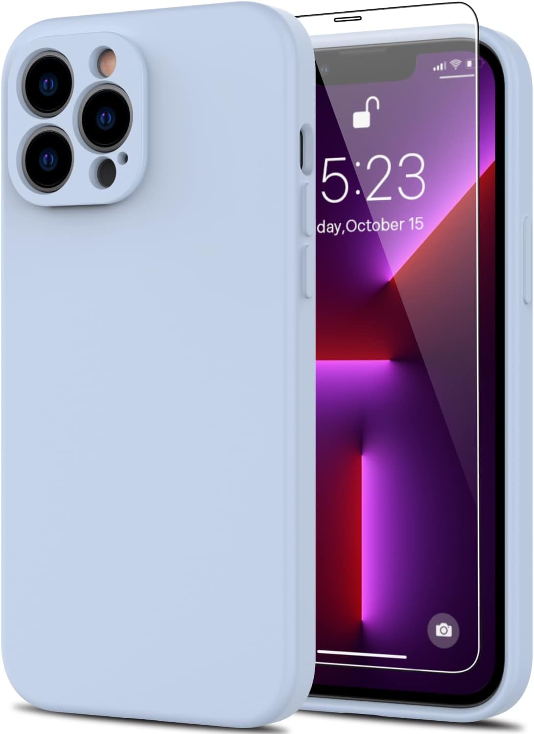 DEENAKIN Funda para iPhone 13 Pro Max con protector de pantalla, cubierta de goma de gel de silicona líquida suave y duradera para iPhone 13 Pro Max de 6.7 pulgadas, color azul claro