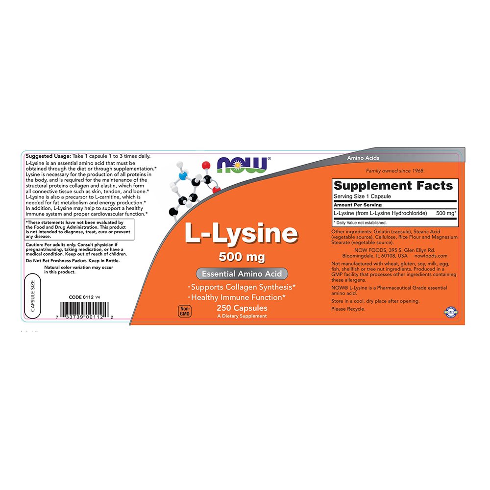 NOW L-lisina 500 mg 250 cápsulas