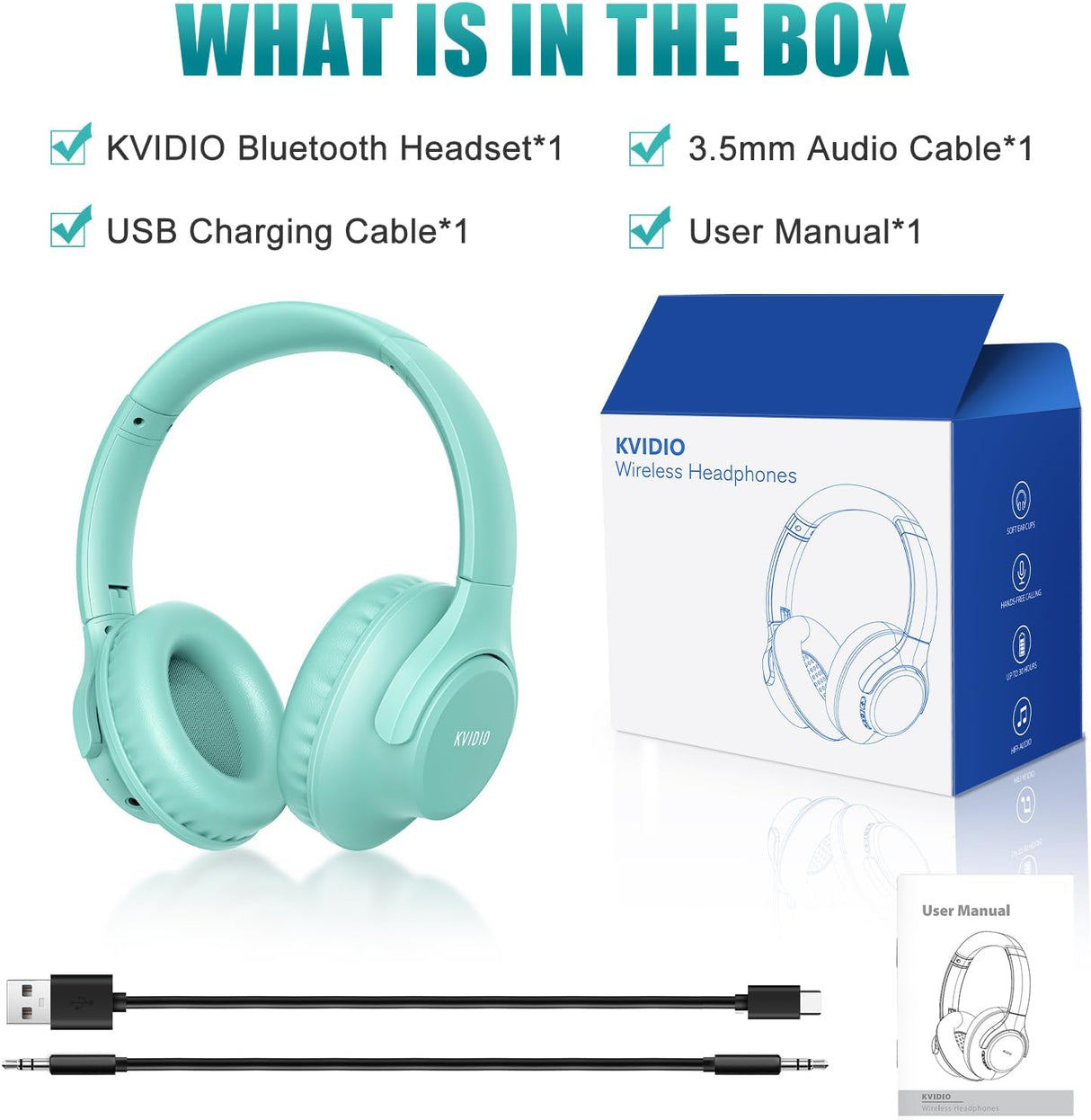 Auriculares Bluetooth KVIDIO, 65h, Microfono, Sonido HiFi