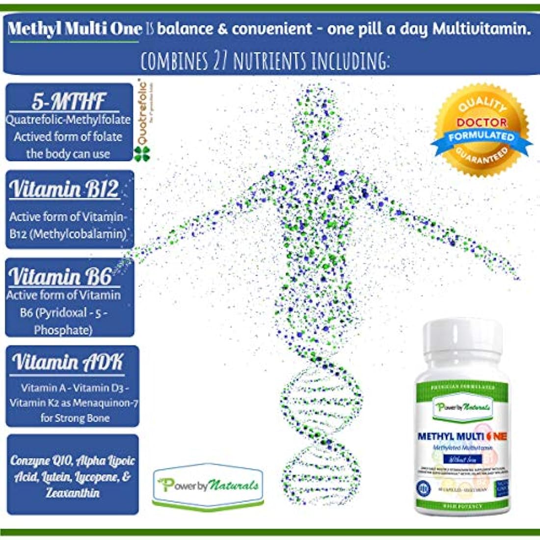 Power By Naturals - Methyl Multi One Without Iron - Once Daily MTHFR Support Supplement - Methylation Protect Methylated B12 Multivitamin with ADK, CoQ10, Quatrefolic Methylfolate - 60ct Vitamins