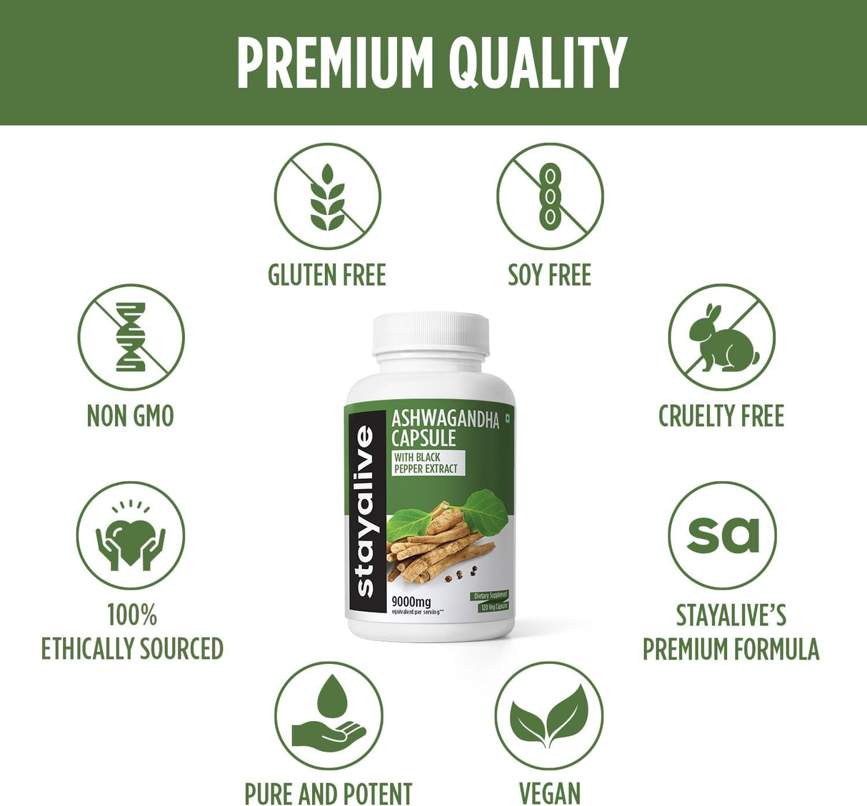 Cápsulas de Extracto de Ashwagandha, 9010MG, 120 Vegan Pills