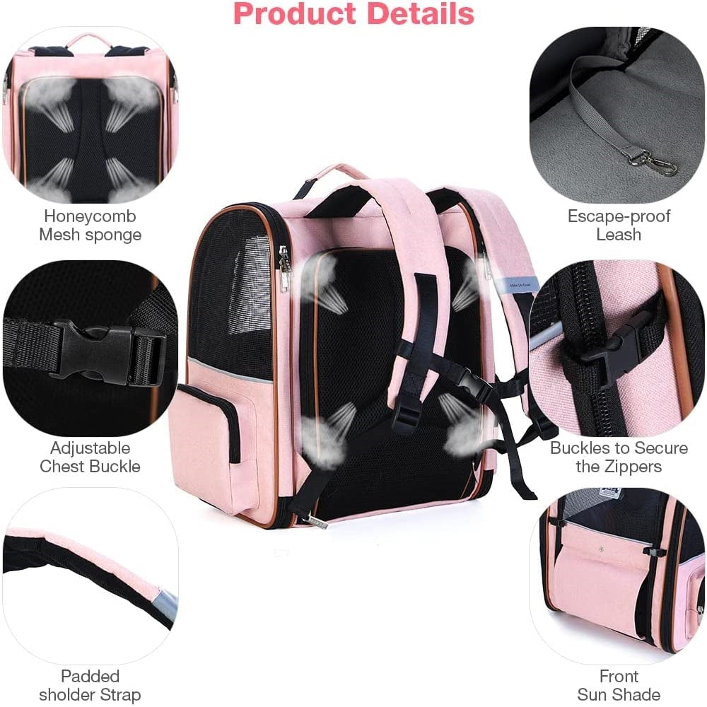 Mochila grande para gatos expandible y plegable rosada