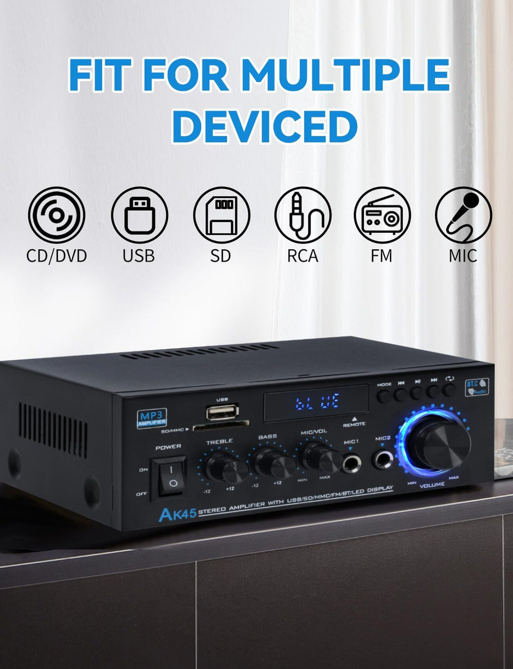 Amplificador de audio estéreo 400W, Bluetooth 5.0, AK45