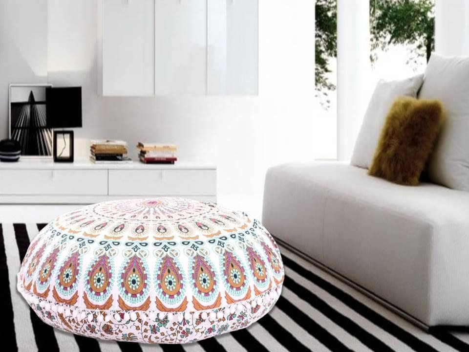Funda bohemia para cojín, de 32 pulgadas, con diseño de mandala, para meditación, decorativa, otomana, grande, para exteriores, decoración del hogar, decoración de arte en el hogar, redonda, con pompones de algodón, cómoda