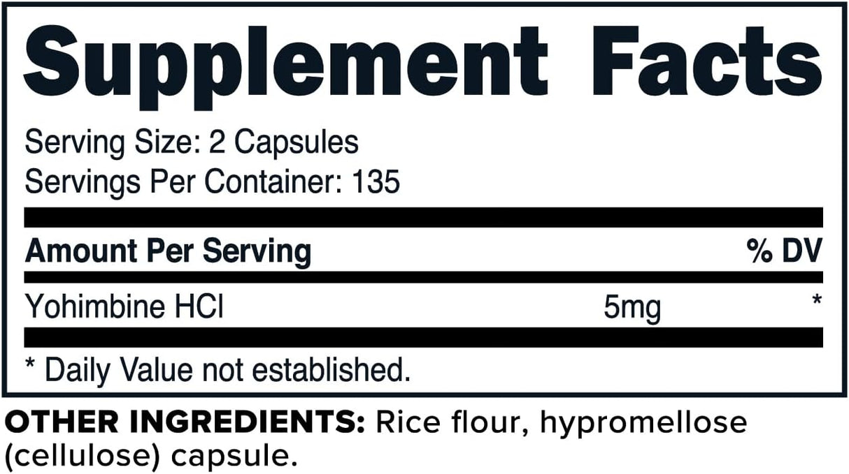 Suplemento Yohimbine HCl 2.5 mg 270 cáp sin OMG y sin gluten
