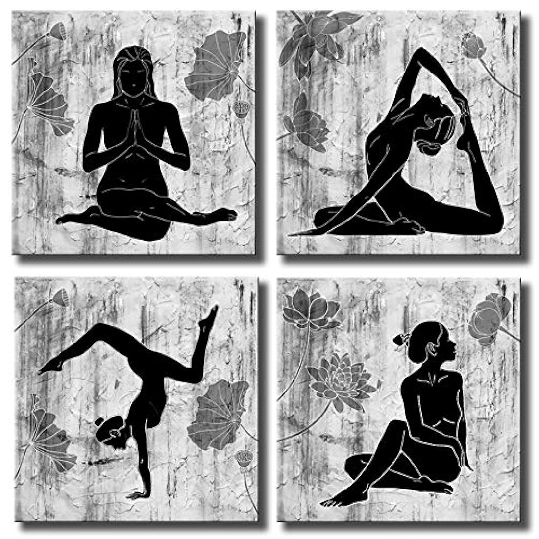 Lienzo abstracto para yoga, 4 paneles, negro y blanco,