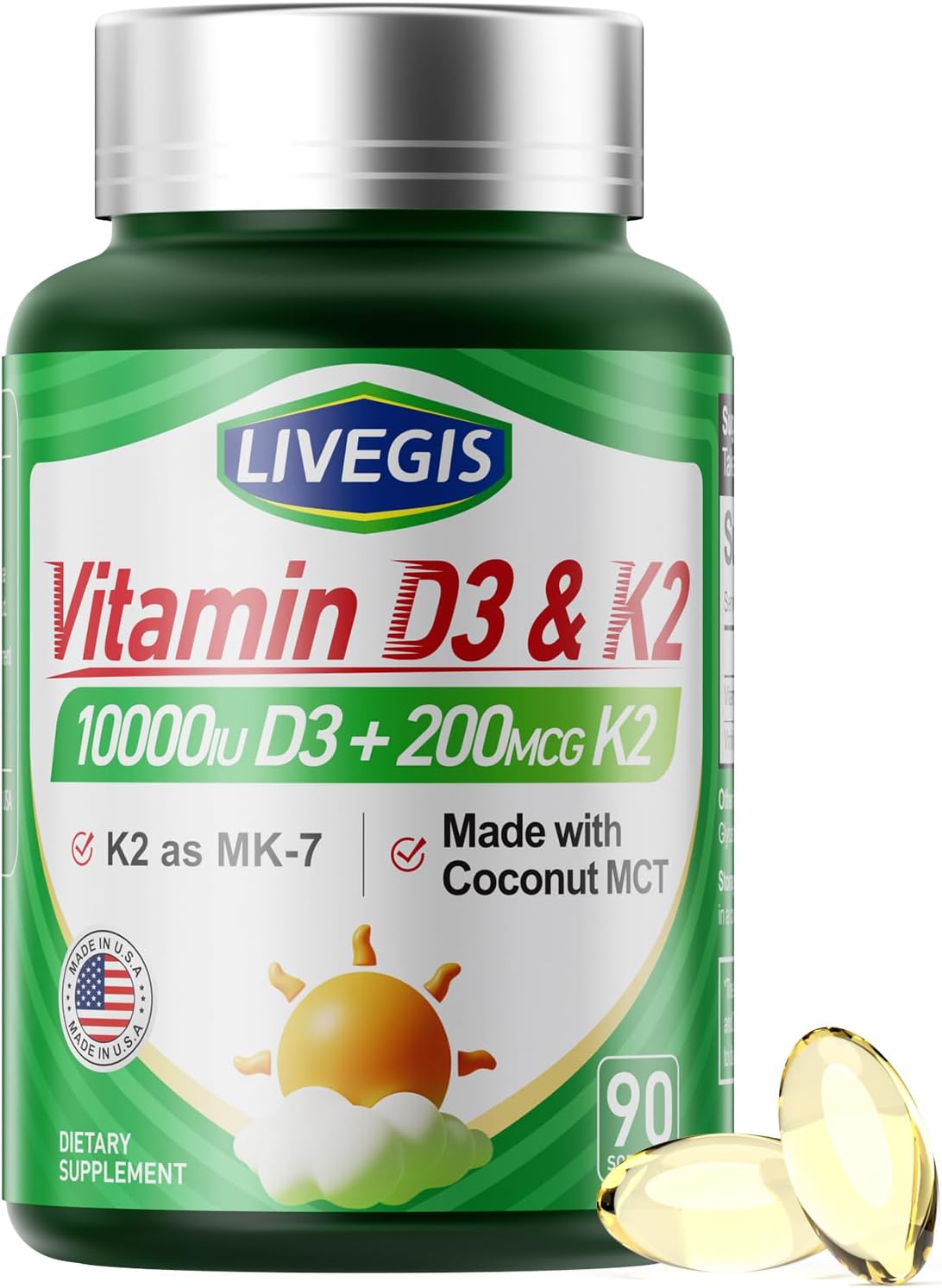 Suplemento Vitamina D3 K2 10000 IU + K2 200 mcg 90 cápsulas