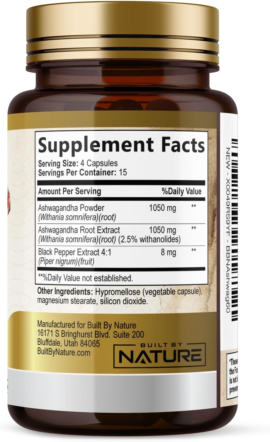 Suplemento de Ashwagandha 2100mg - Built by Nature - 60 cápsulas