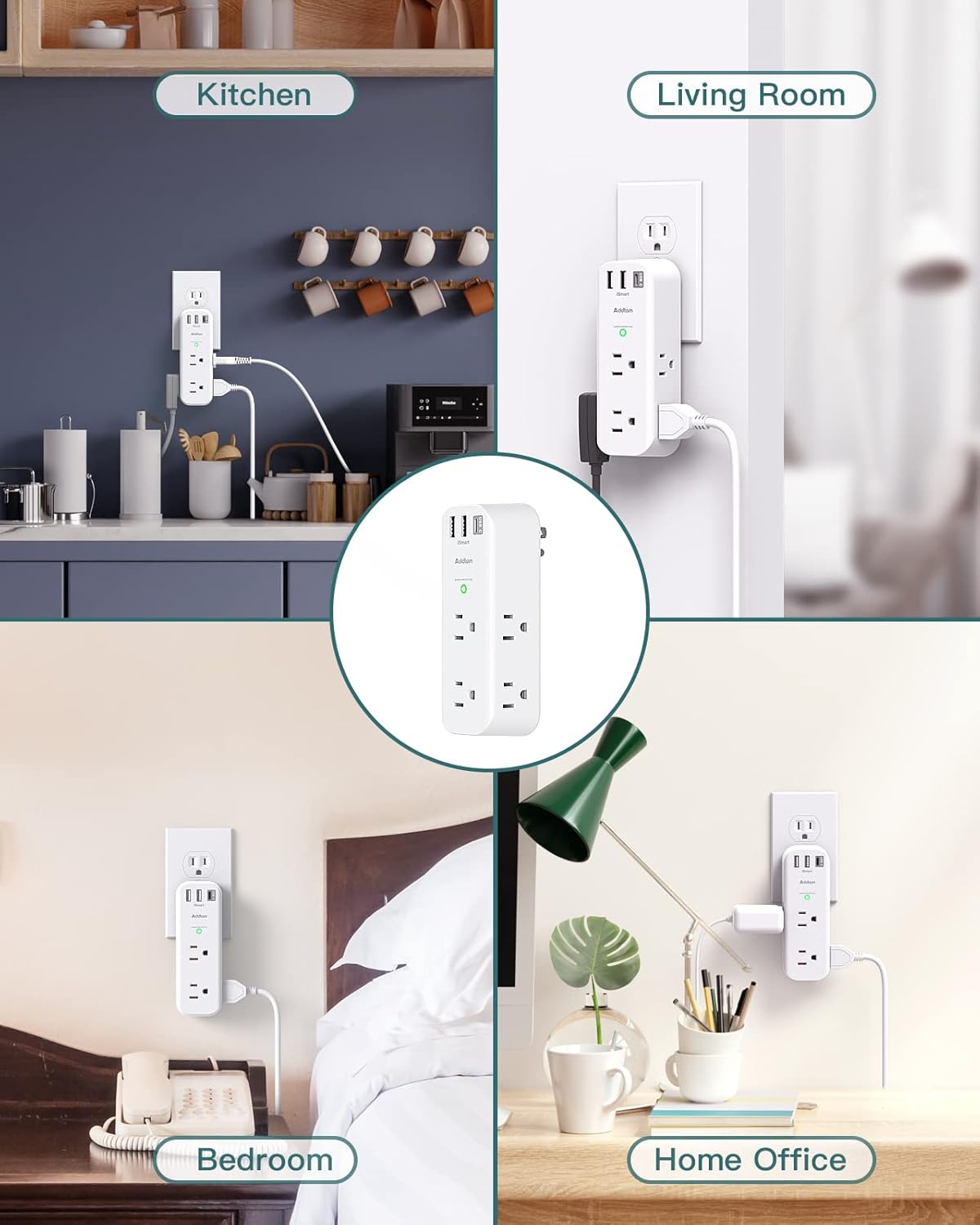 Protector de sobretensiones – Extensor de salida con enchufe giratorio y múltiple con 6 puertos USB de CA, 3 puertos USB (1 USB C), regleta de alimentación de 3 lados con cargador adaptador de pared