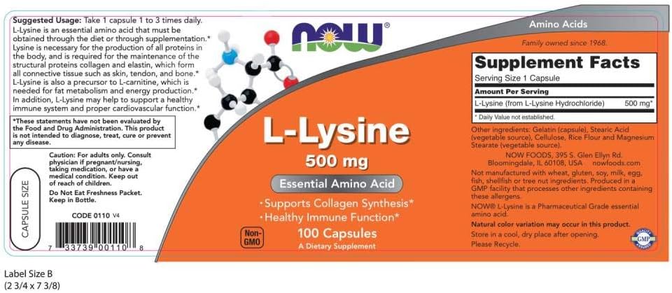 Suplemento L-Lisina 500 mg Veg Caps - NOW Foods, 100 cápsulas