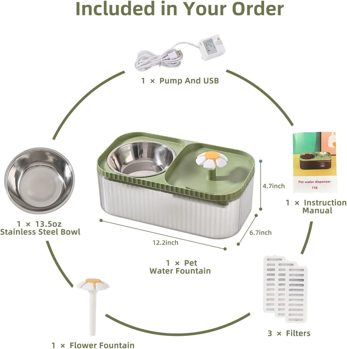 Fuente de agua para gatos y cuenco de alimentos verde