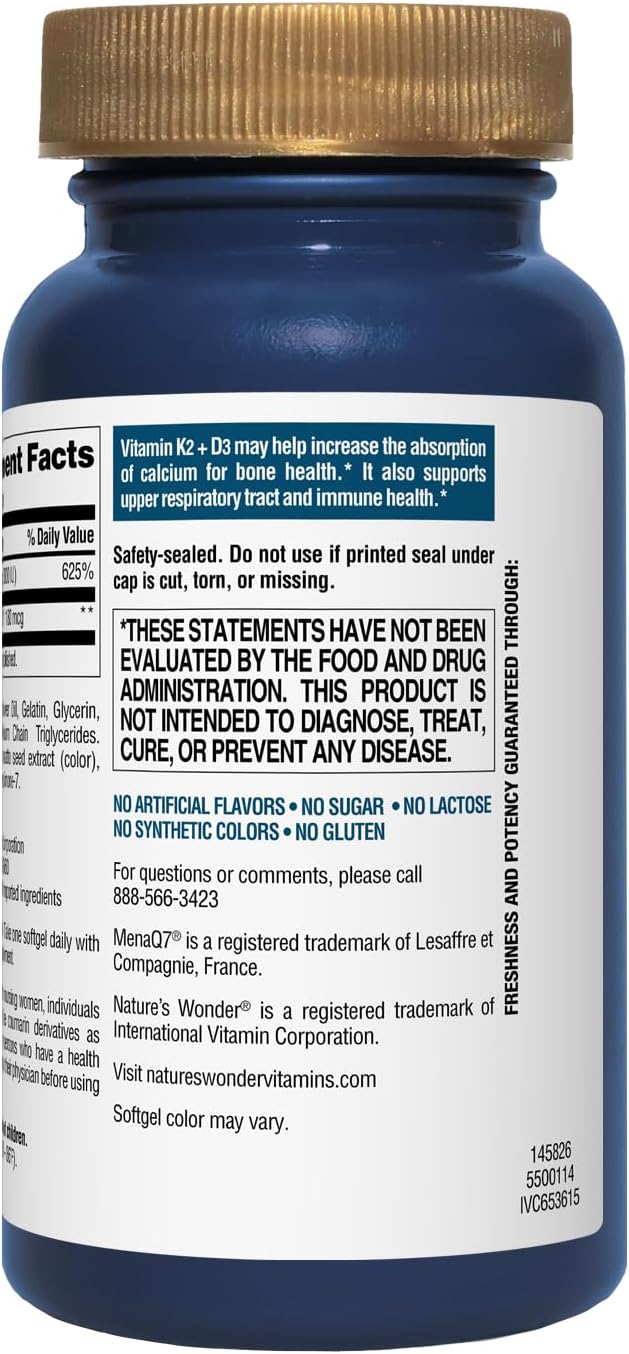 Vitamin K2+D3 Nature's Wonder, MenaQ7, Salud Cardiovascular, Cerebral, Ósea, 120 c/120 días
