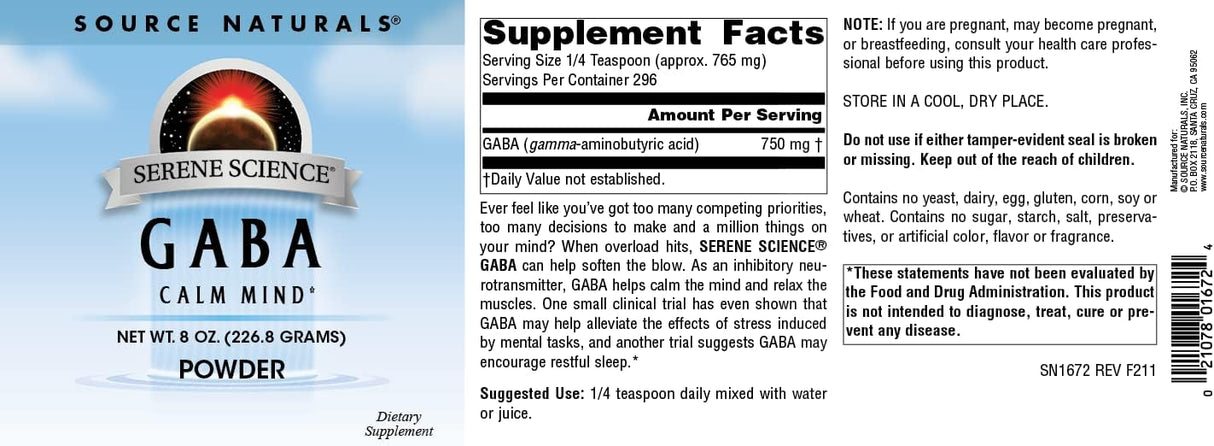 Suplemento Source Naturals Serene Science GABA, 750 mg 8oz