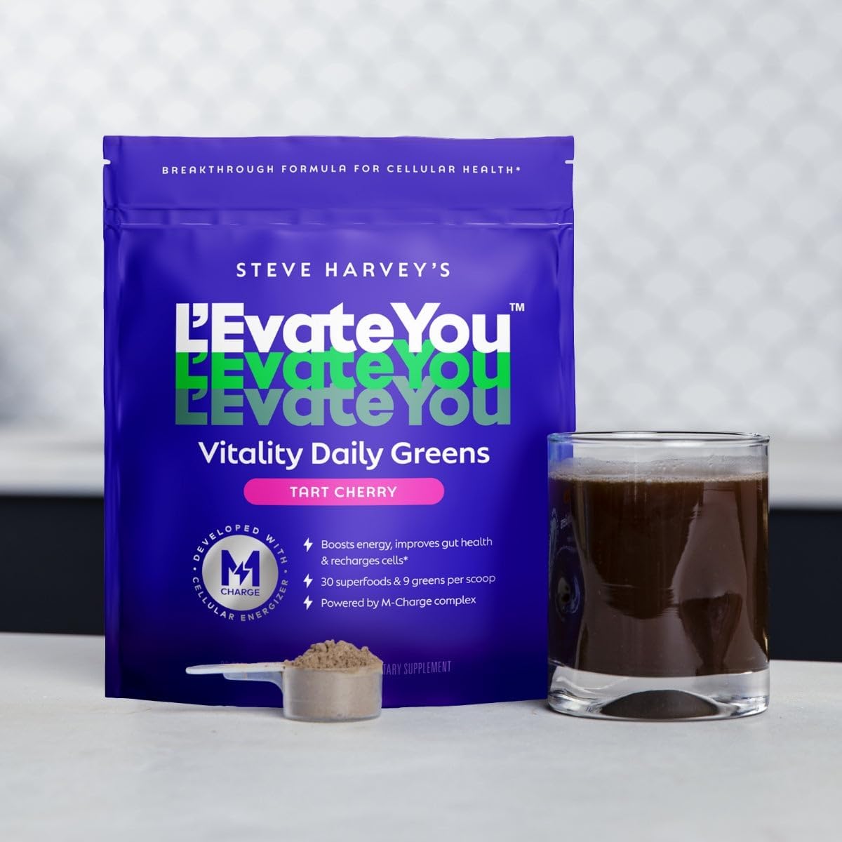 Suplemento Steve Harvey's Greens Powder sabor a cereza