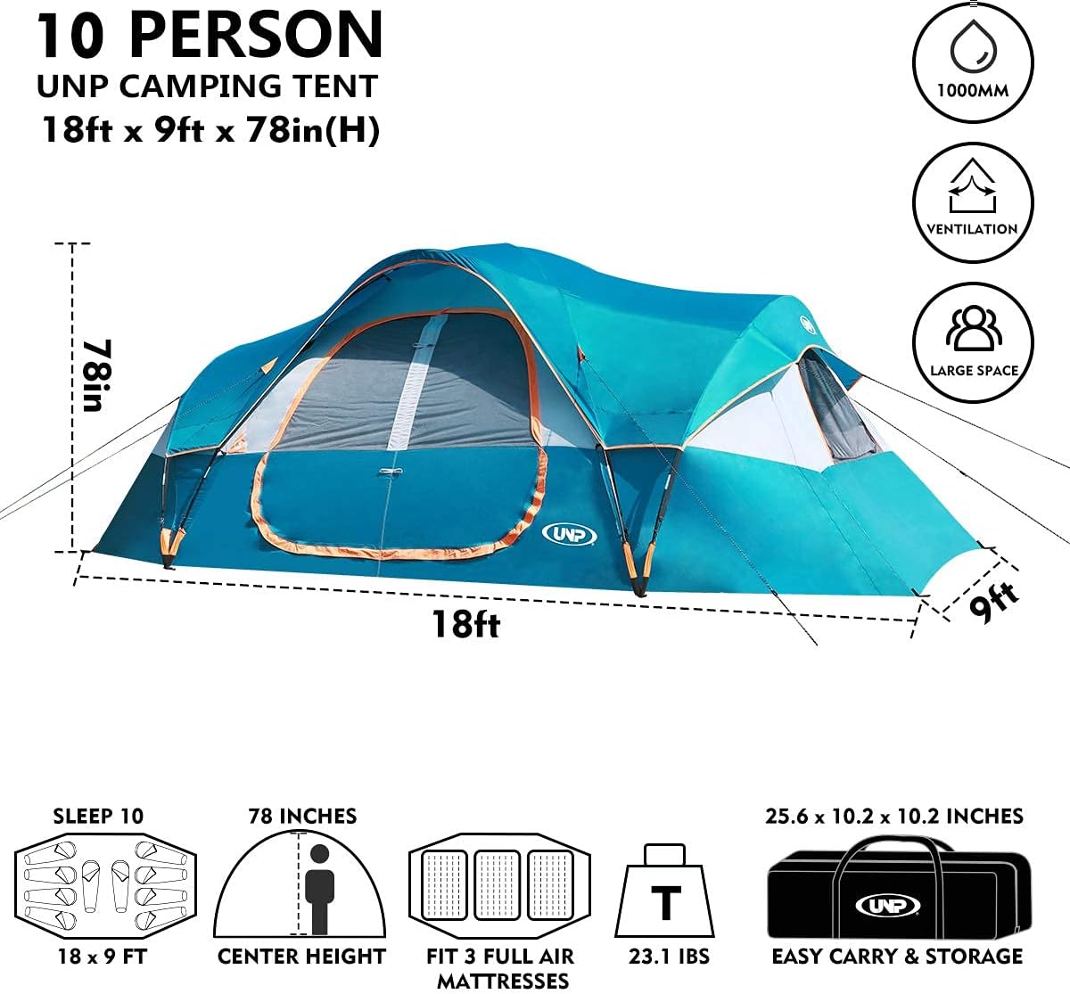 Tienda UNP Carpa Familiar 10 Personas, Doble Capa, Impermeable