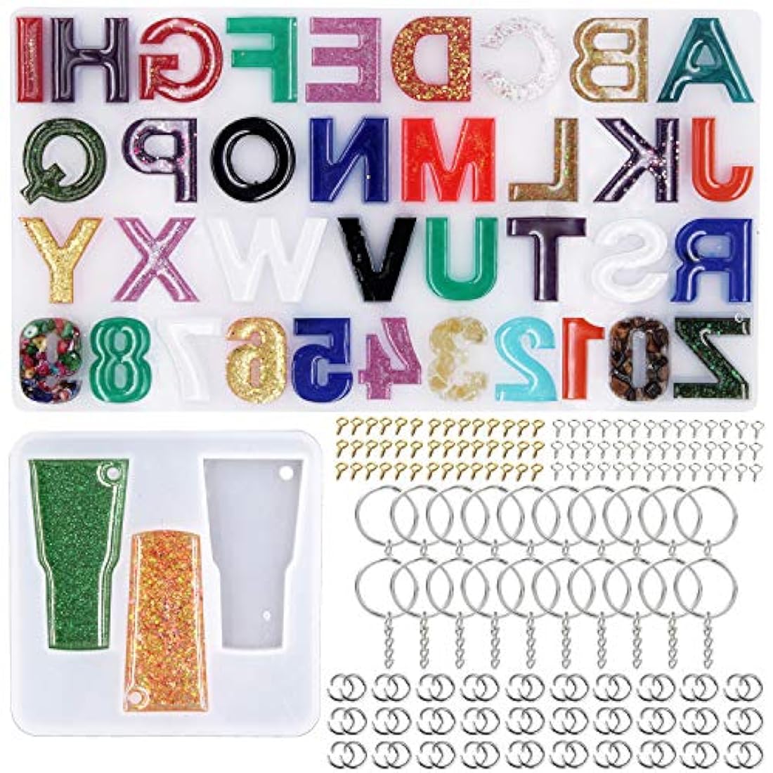 EuTengHao 272 piezas de moldes de silicona de resina con letras y números, moldes de resina para llaveros, moldes de joyería con llavero, anillos de salto para hacer uno mismo, llavero, decoración de número de casa