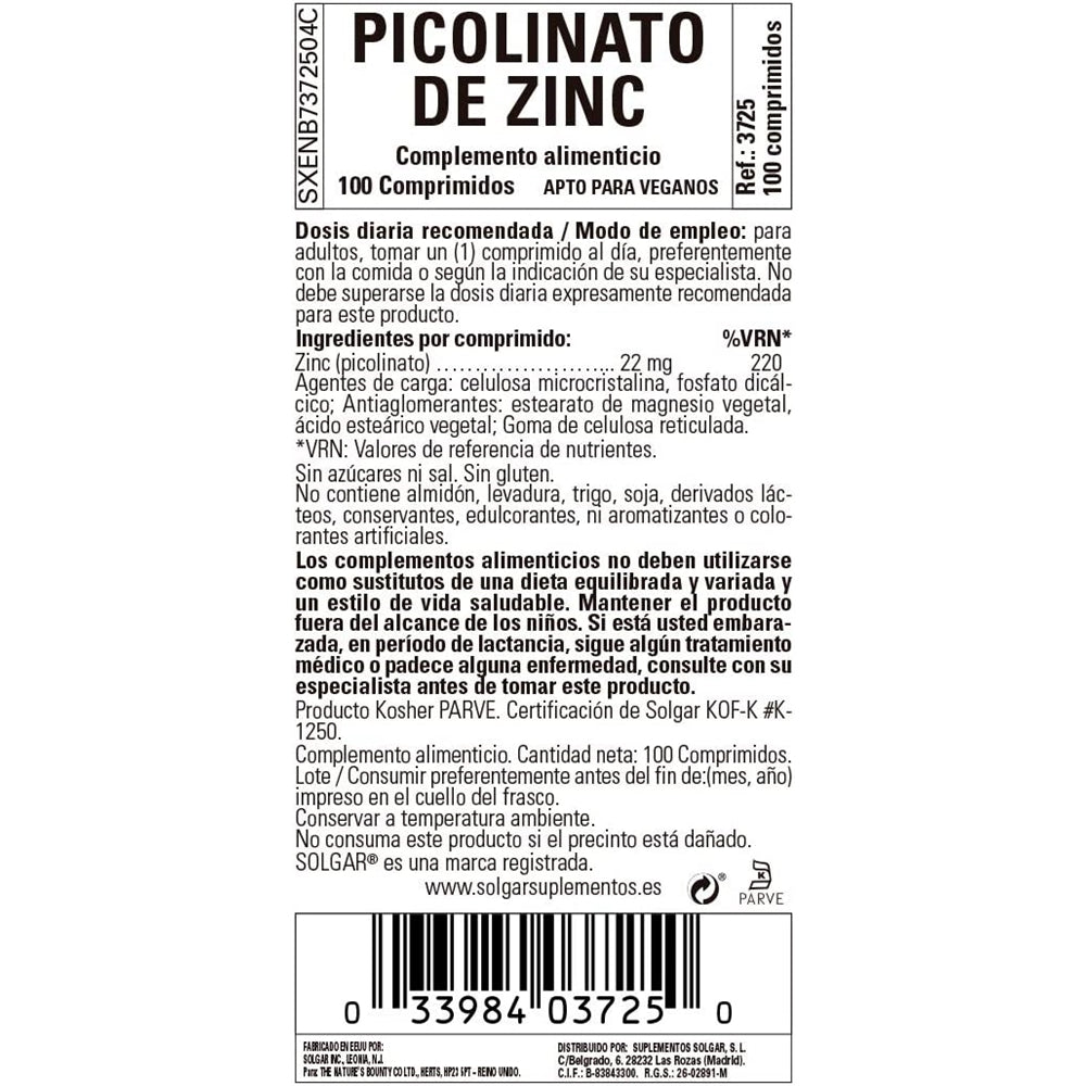 Suplementos Alimenticio Picolinato de zinc de 22 mg 100 tab
