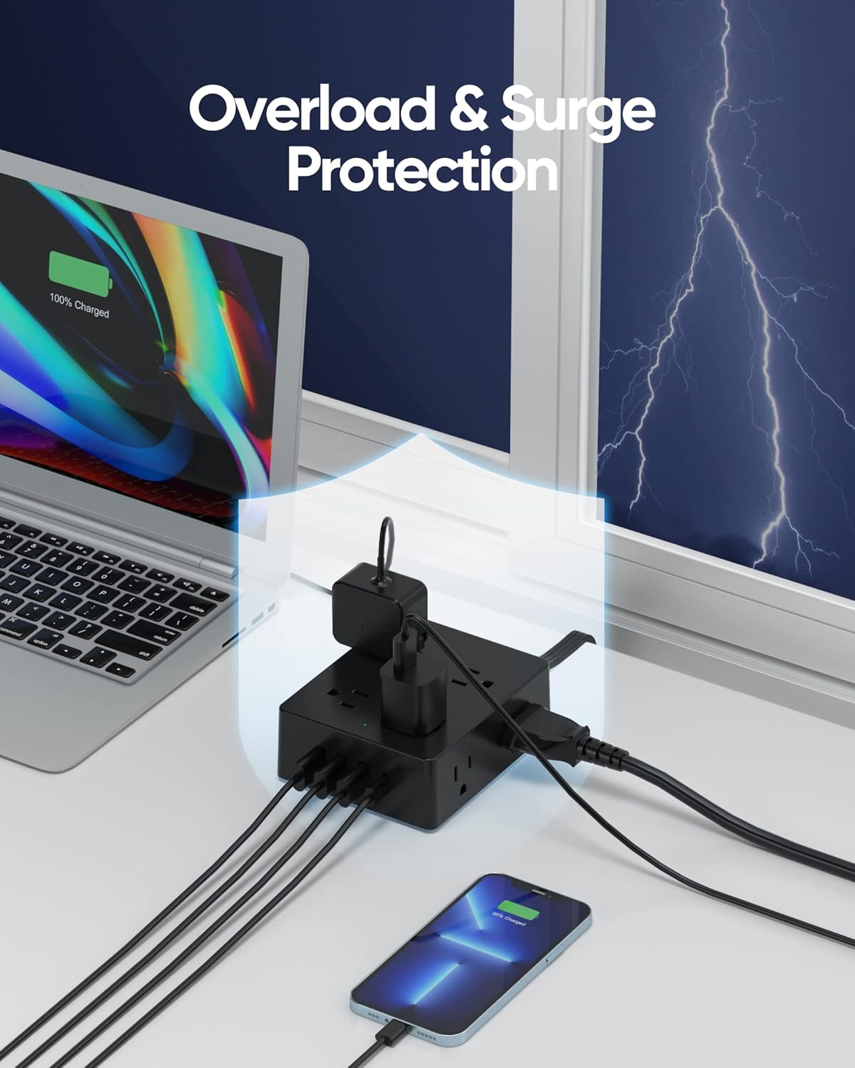 olcorife - Protector de sobretensiones, cable de extensión negro