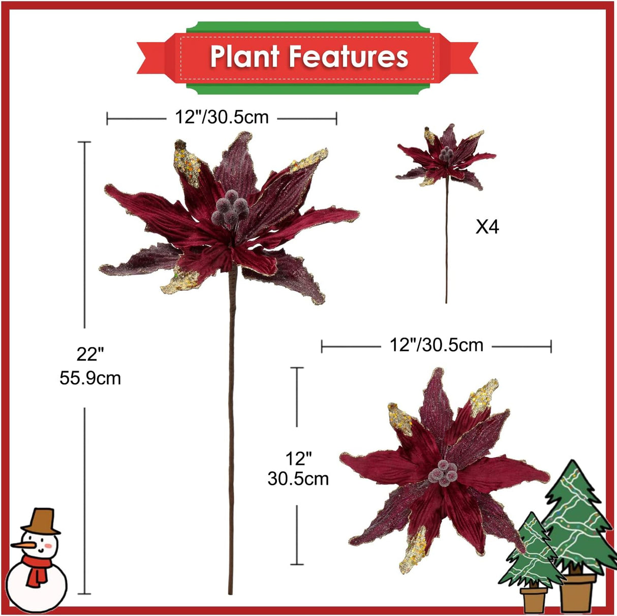 Flores Poinsettia Artificiales para Árbol de Navidad, Set de 4