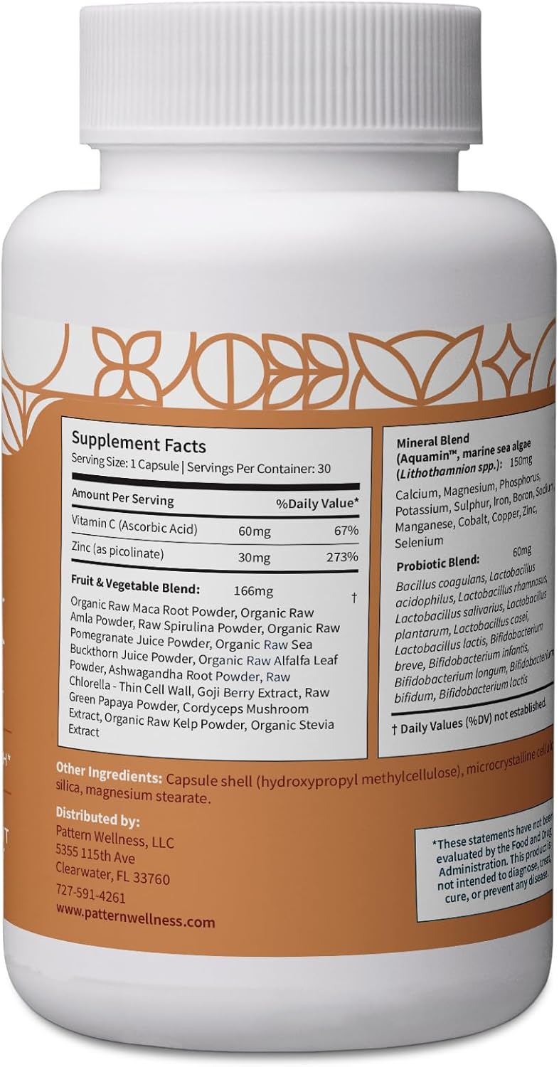 Complejo de Zinc Pattern Wellness con Vitamina C y Probióticos - 30 Cápsulas