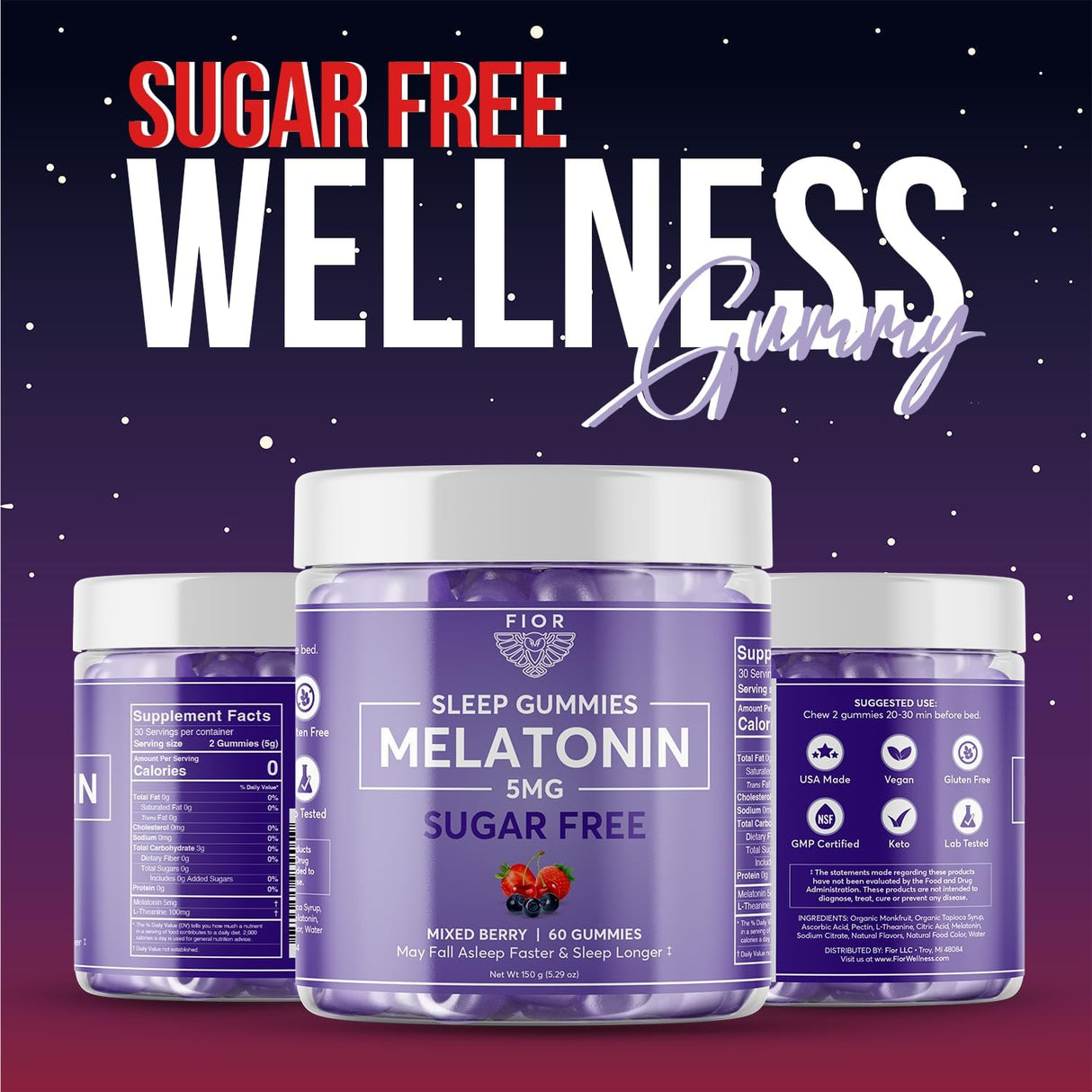 FIOR Gomitas de calmar sin azúcar, 60 unidades para a dormir