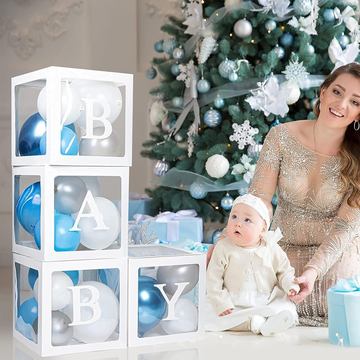 Keencopper Cajas de bebé con 30 letras (BABY+A-Z) para baby shower, decoraciones de baby shower para niño, cajas transparentes para globos transparentes para fiesta de primer cumpleaños, despedida de soltera, revelación de género, reutilizables