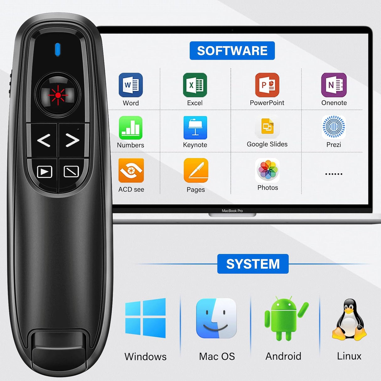 Presentador Inalámbrico USB Tipo C, Control de Volumen, 2 en 1