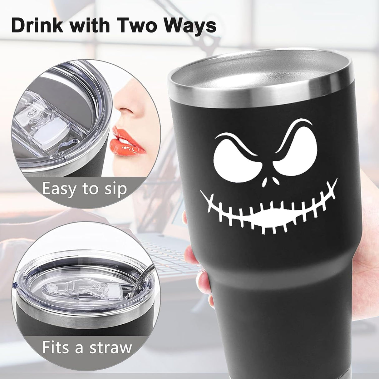 Taza de Acero Inoxidable Jack Skellington 30OZ con Asa y Popote
