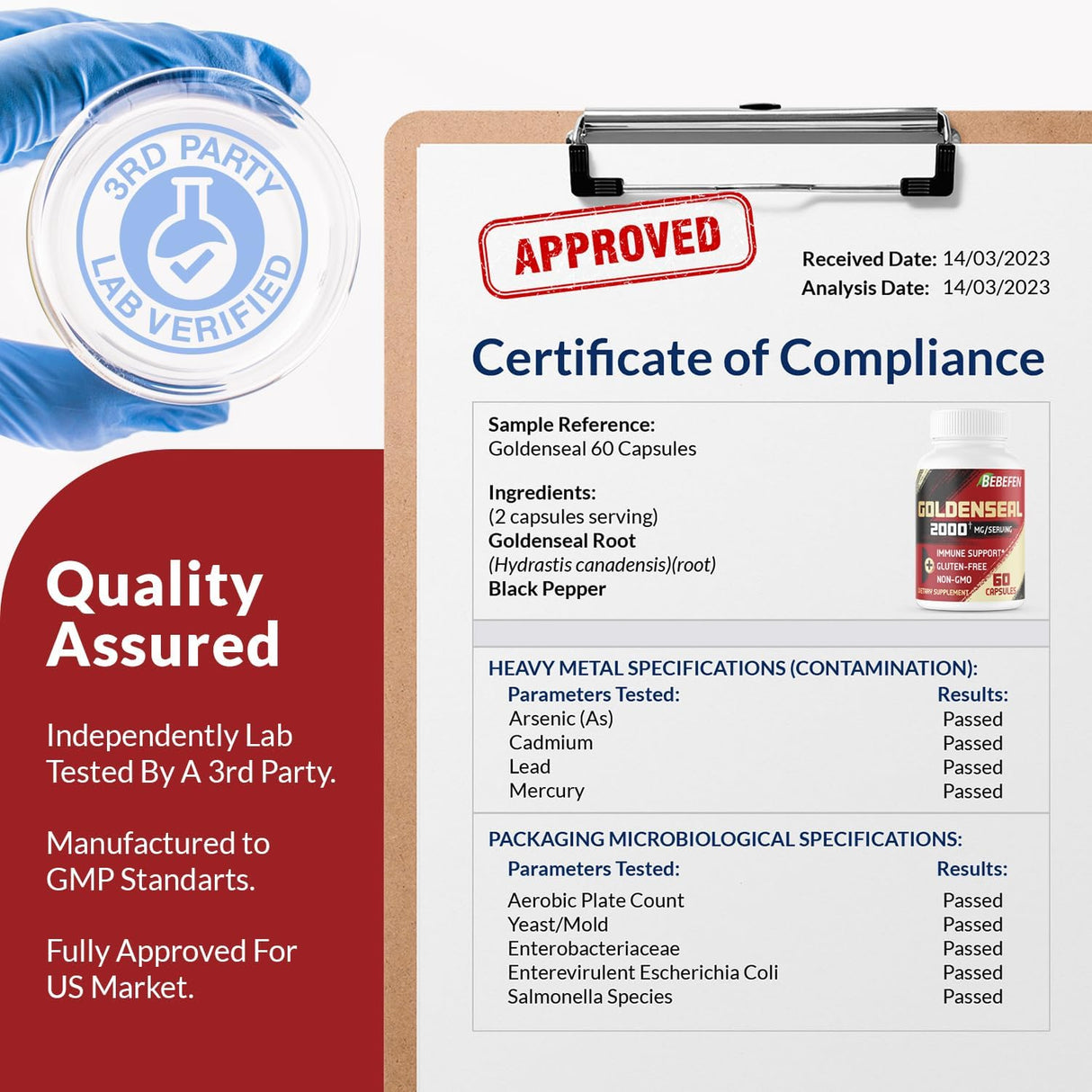 Suplemento de raíz Goldenseal de 2000 mg de hierbas vegano