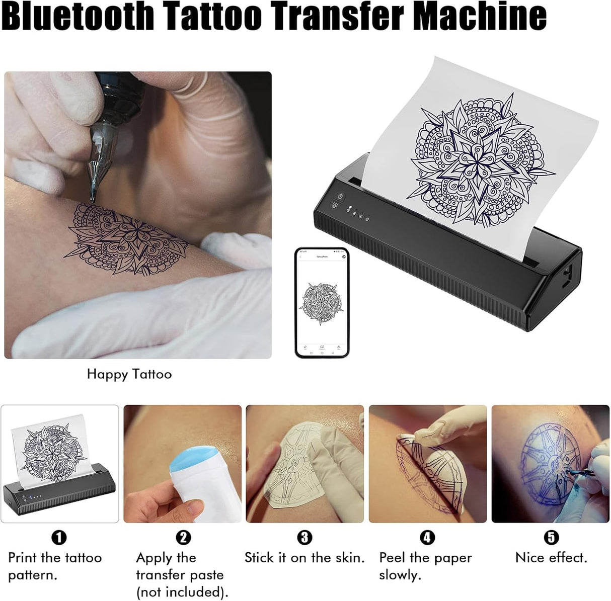 LIUMATE Impresora de tatuajes inalámbrica para tatuajes, impresora térmica Bluetooth, máquina de plantillas de transferencia de tatuajes, copiadora térmica para tatuajes con 10 piezas de papel de