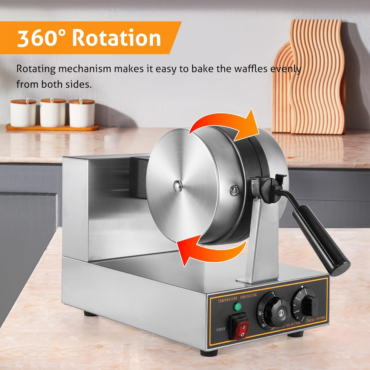 Waffle Maker WICHEMI 360° Flip, No Stick, Control Tiempo, 110V