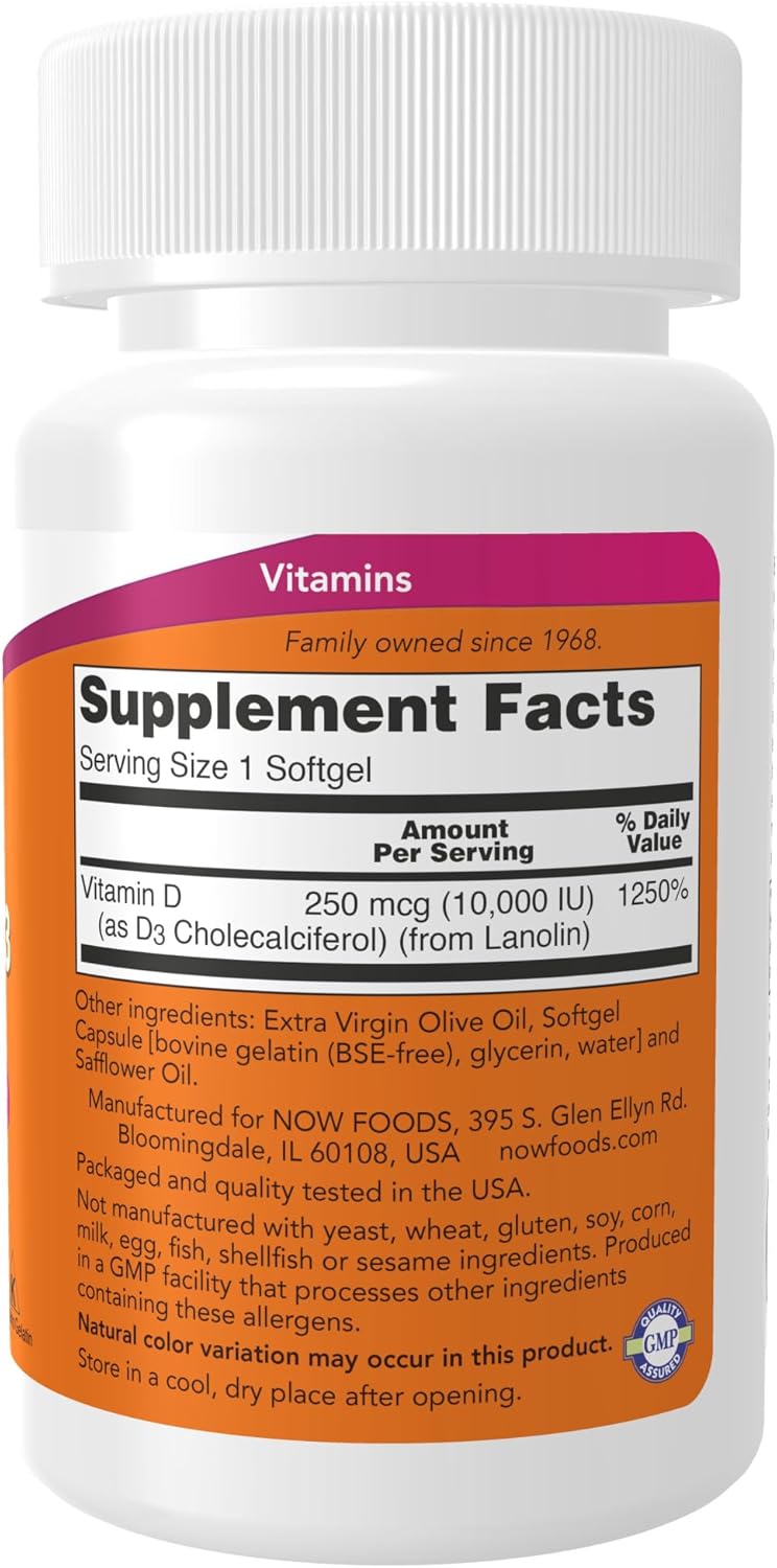 Suplementos de Vitamina D-3 10,000 IU NOW Foods 120 Softgels