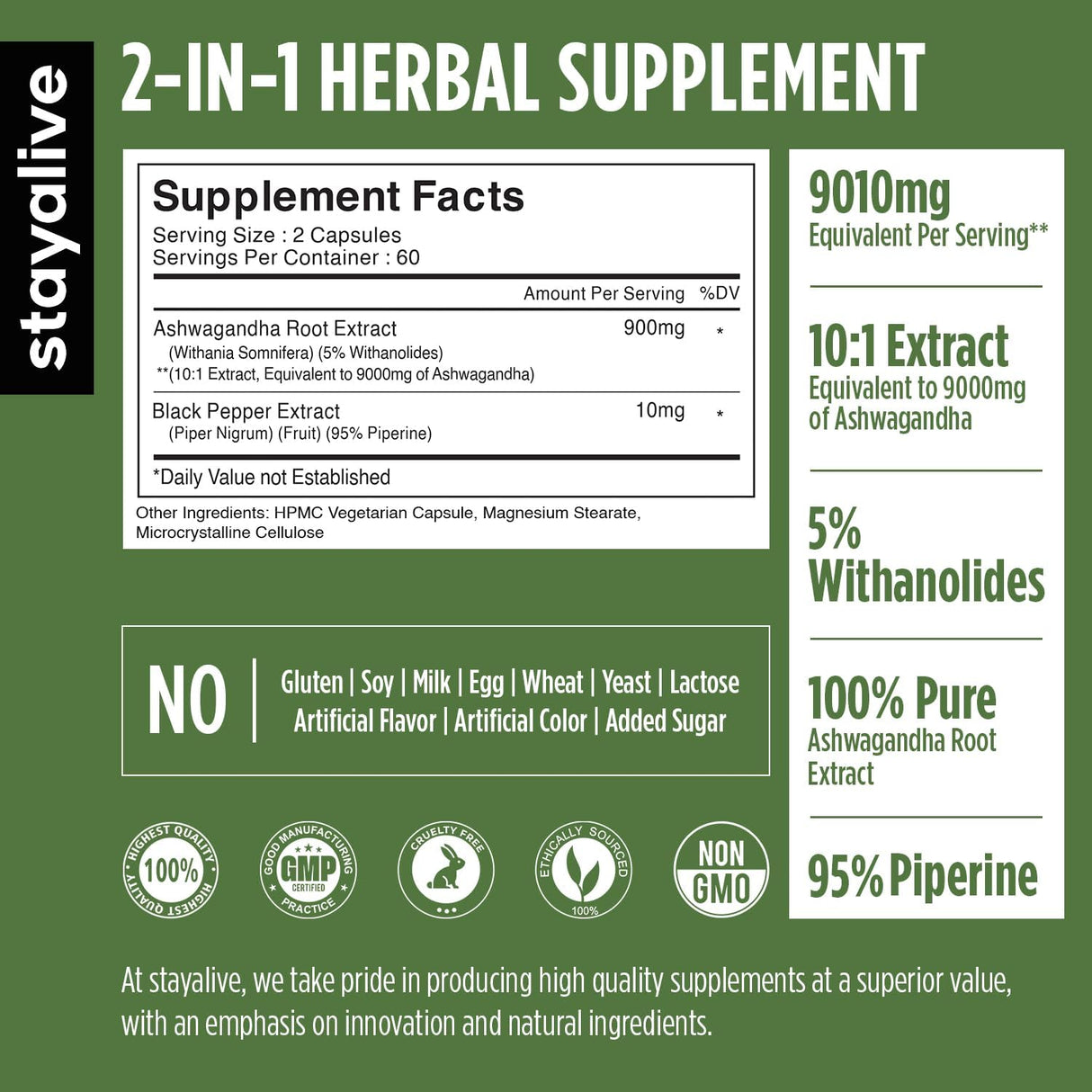 Cápsulas de Extracto de Ashwagandha, 9010MG, 120 Vegan Pills