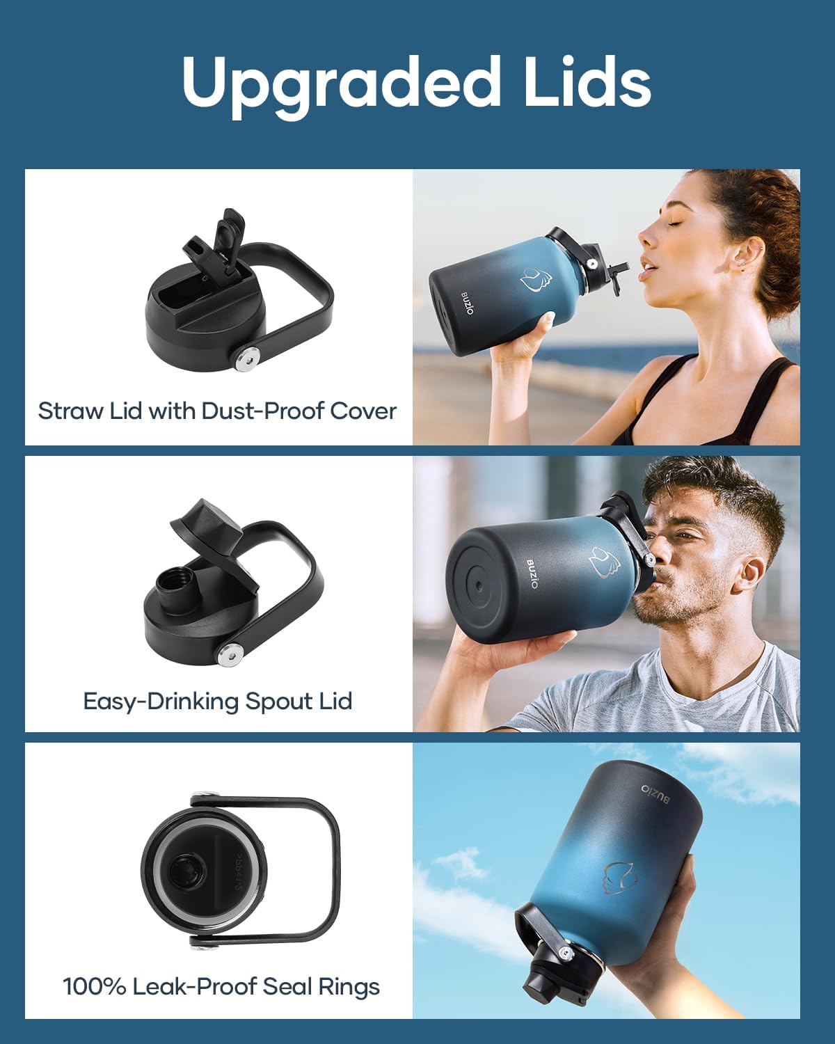 Botella de Agua de Acero Inoxidable BUZIO 64 oz, Aislada, Modelo Half Gallon