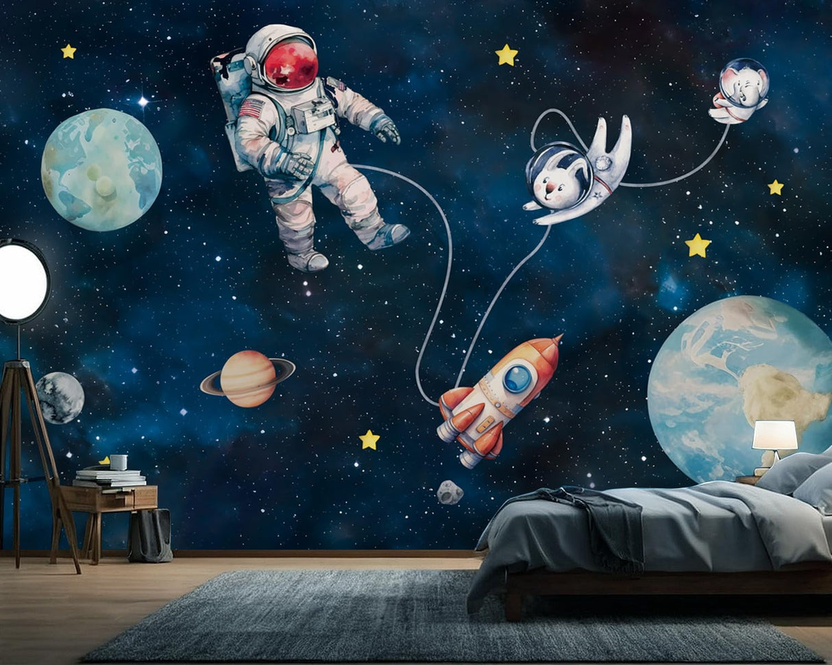 Mural infantil FWIEXA cohete conejo espacio 141x96 (no pegajoso)