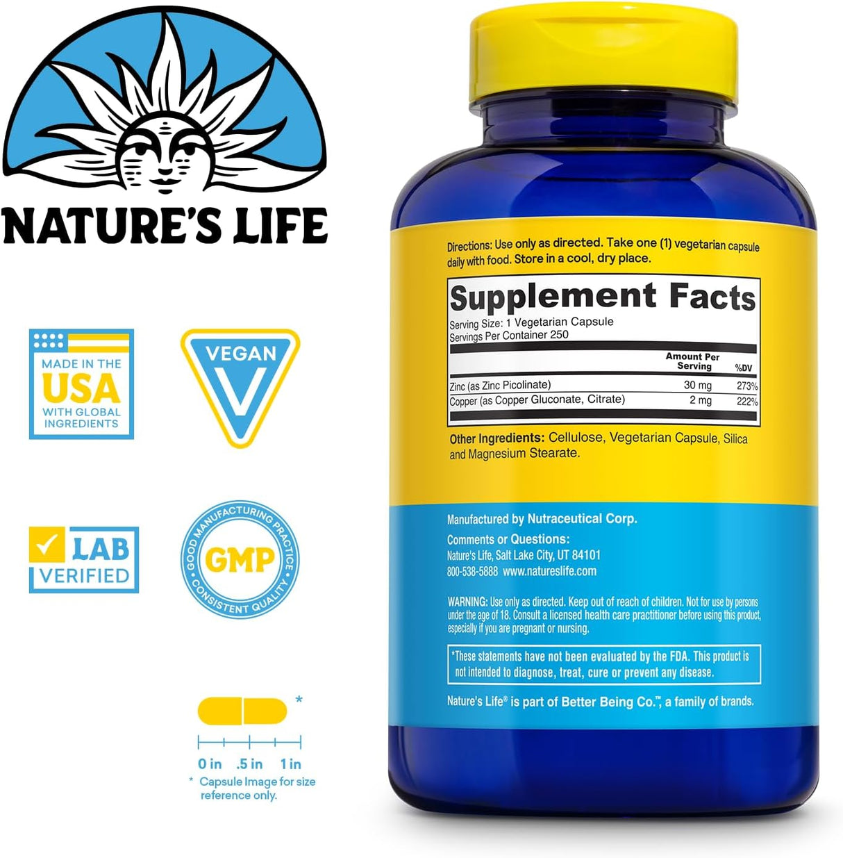 Natures Life Zinc Picolinate 30mg + Cobre 2mg, 250 Cápsulas