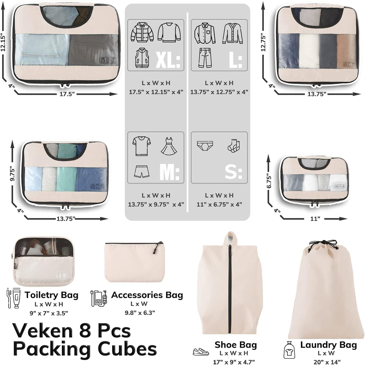 Juego de 8 cubos de embalaje para maletas