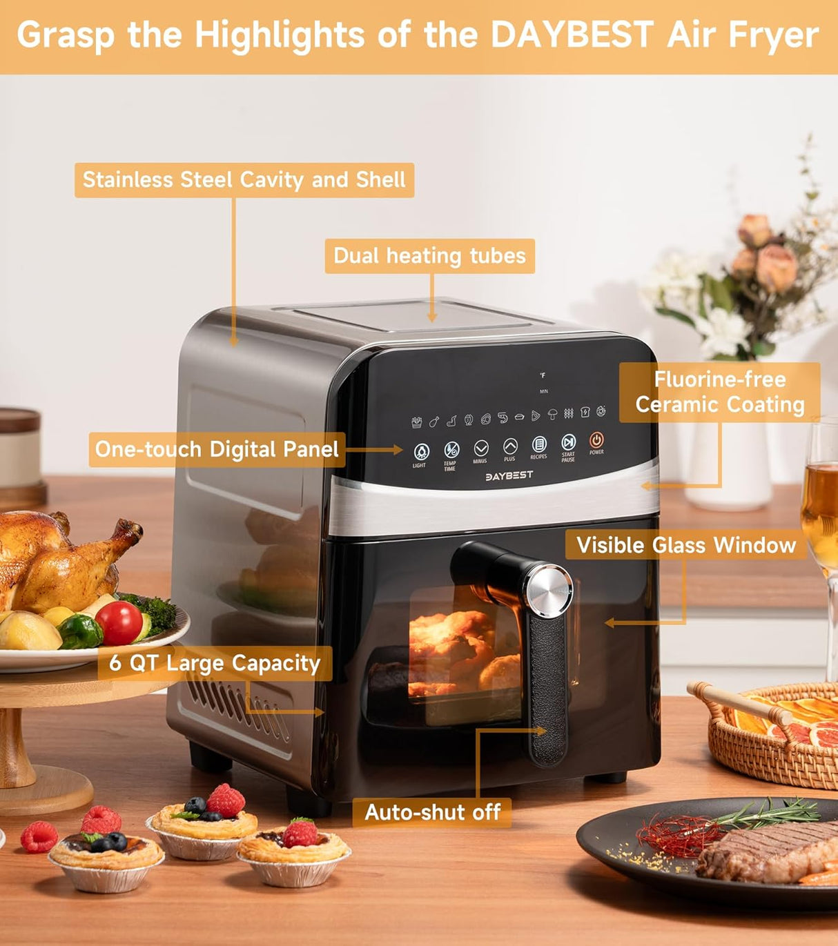 Freidora de Aire 6 QT, 1700W, Ventana, 12 Presets, Modelo 6QT