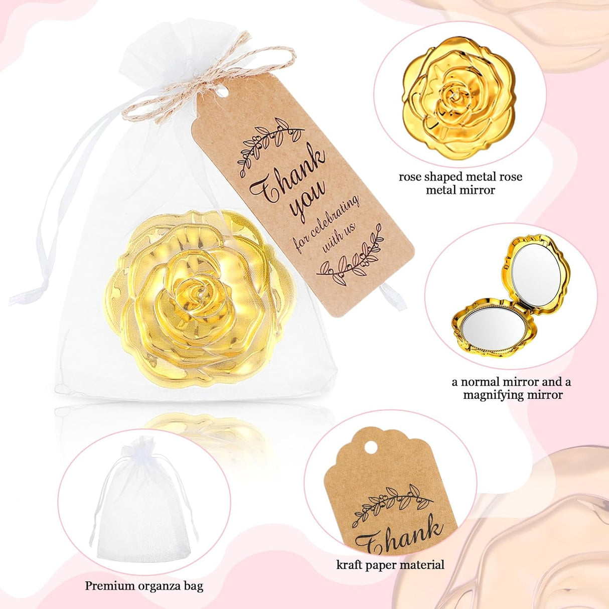 Espejos Compactos de Rosa para Recuerdos de Boda y Quinceañera