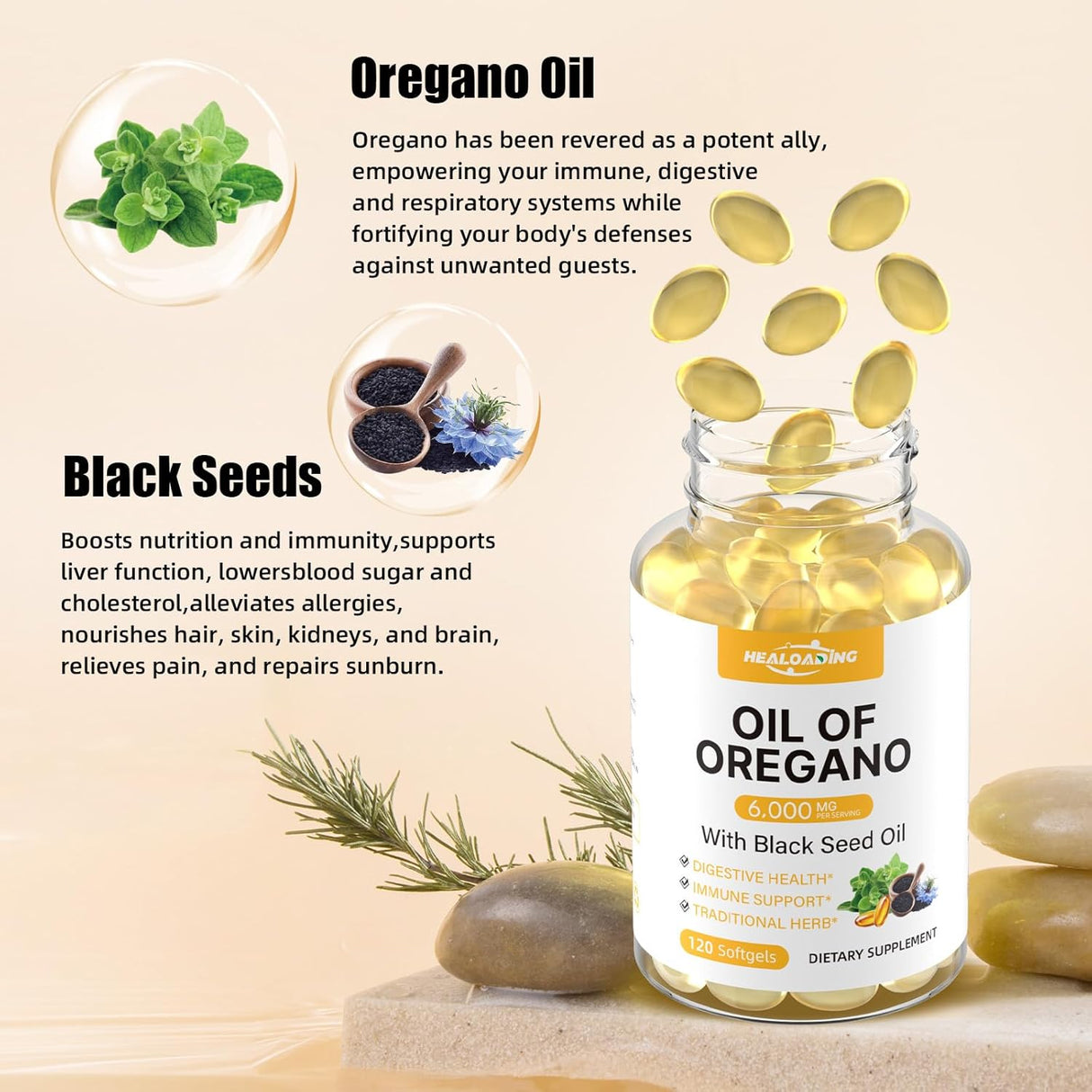 Aceite de Orégano en Cápsulas Naturales, 300mg, con Semilla Negra, Sin Gluten