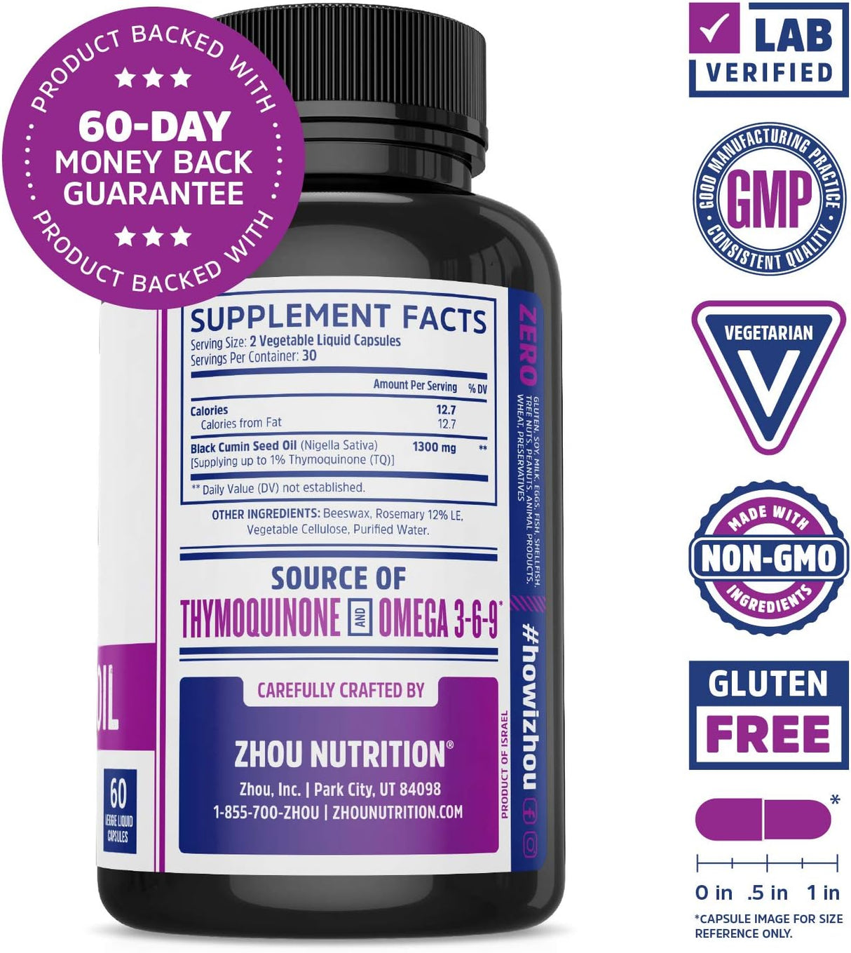 Cápsulas de aceite de semilla de comino negro Zhou, 60 caps