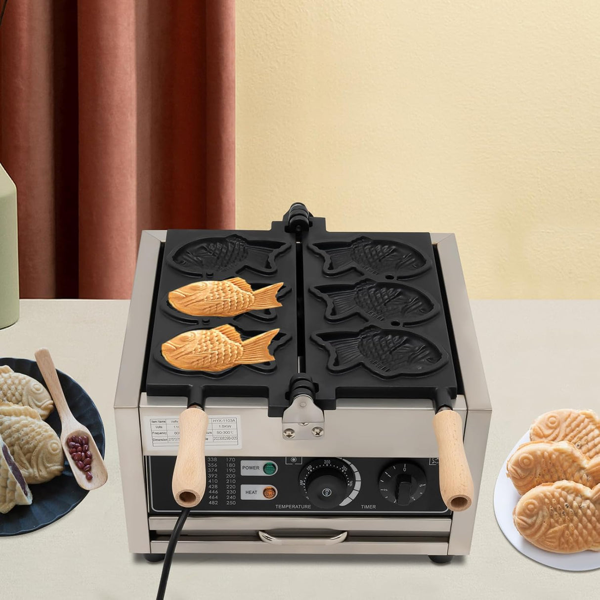 Máquina de Waffles Taiyaki, 1500W, Acero Inoxidable, 110V