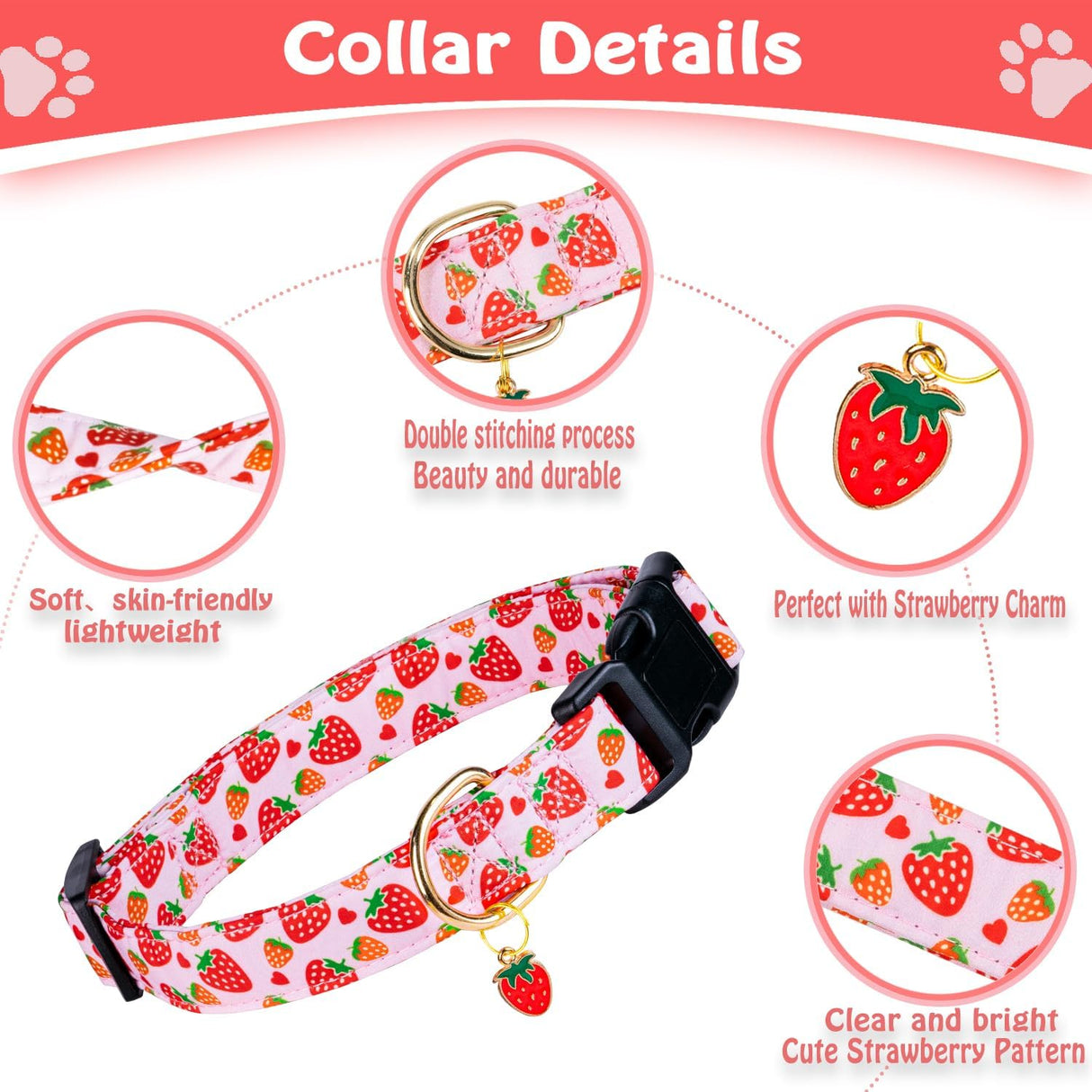 Collar de algodón para perros - Diseño fresa - Ajustable y suave