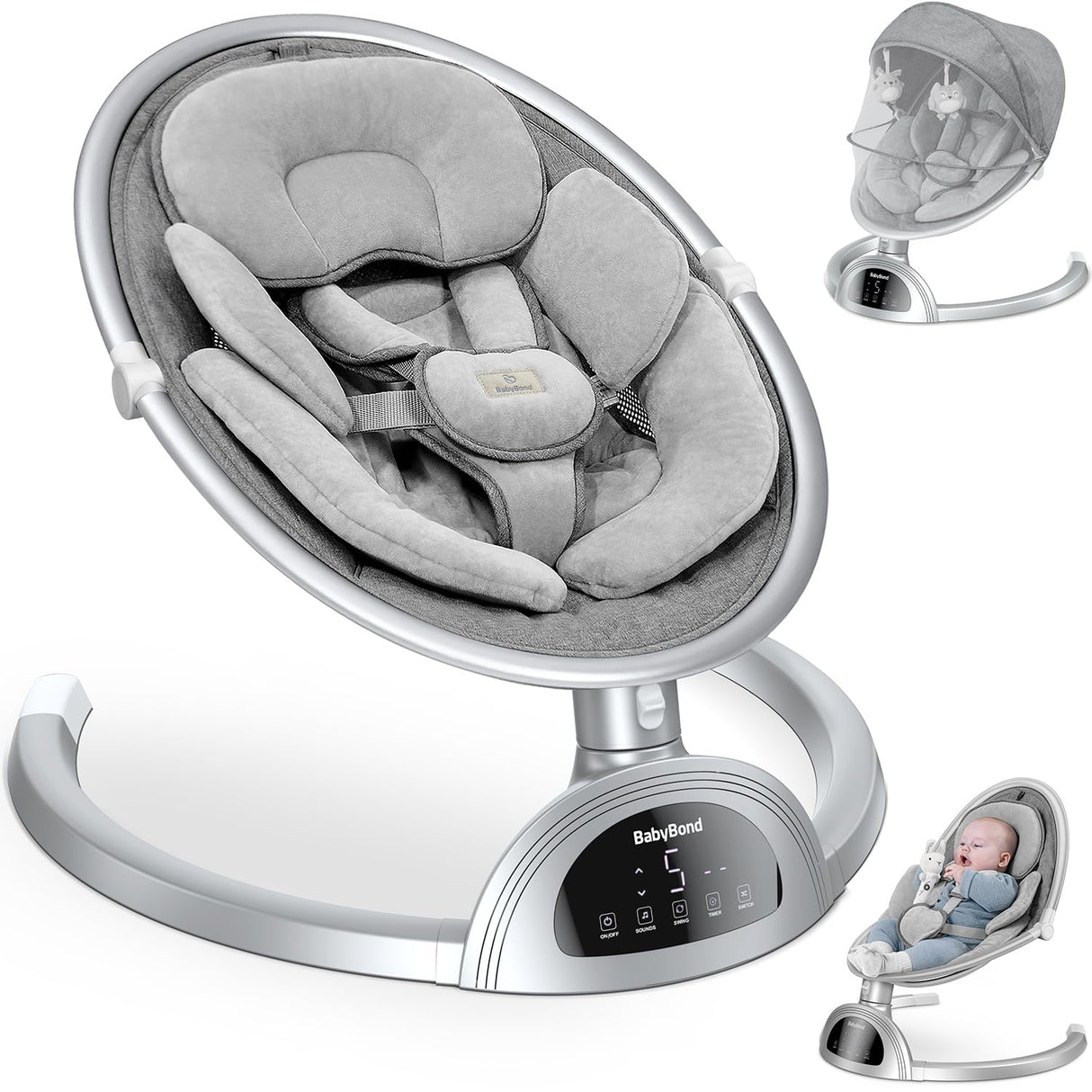 Columpios para bebés BabyBond Baby Swing, columpio infantil con altavoz de música Bluetooth, 3 posiciones de asiento, cinturón de arnés de 5 puntos, control remoto, columpio portátil para bebé para