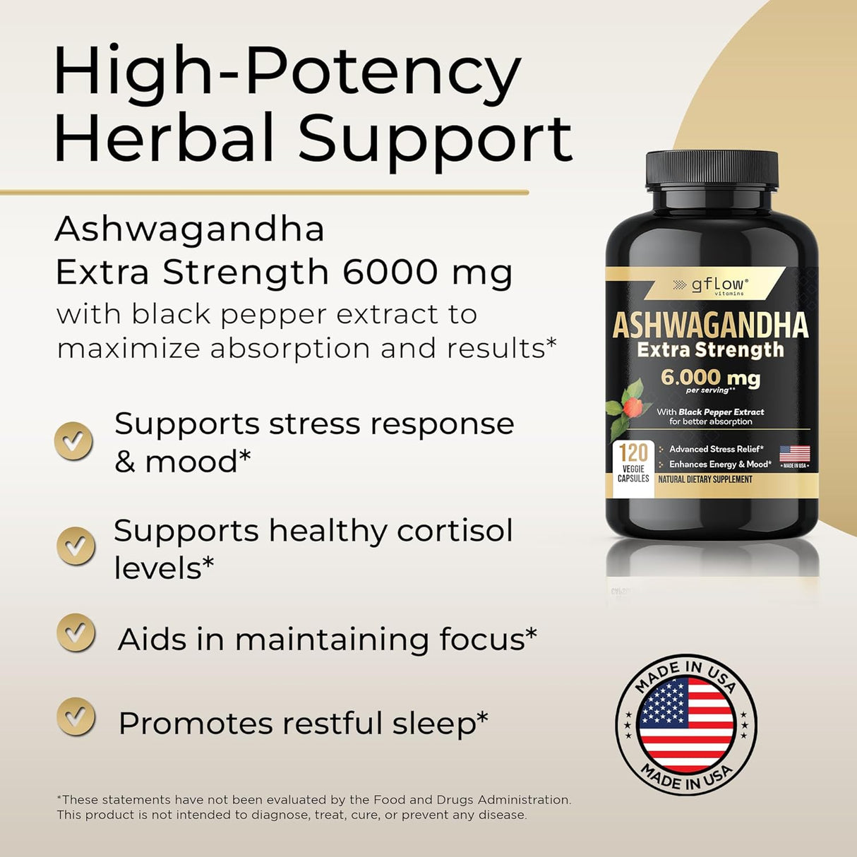 Suplementos de Ashwagandha, 6000mg, Vegano, Energía, USA