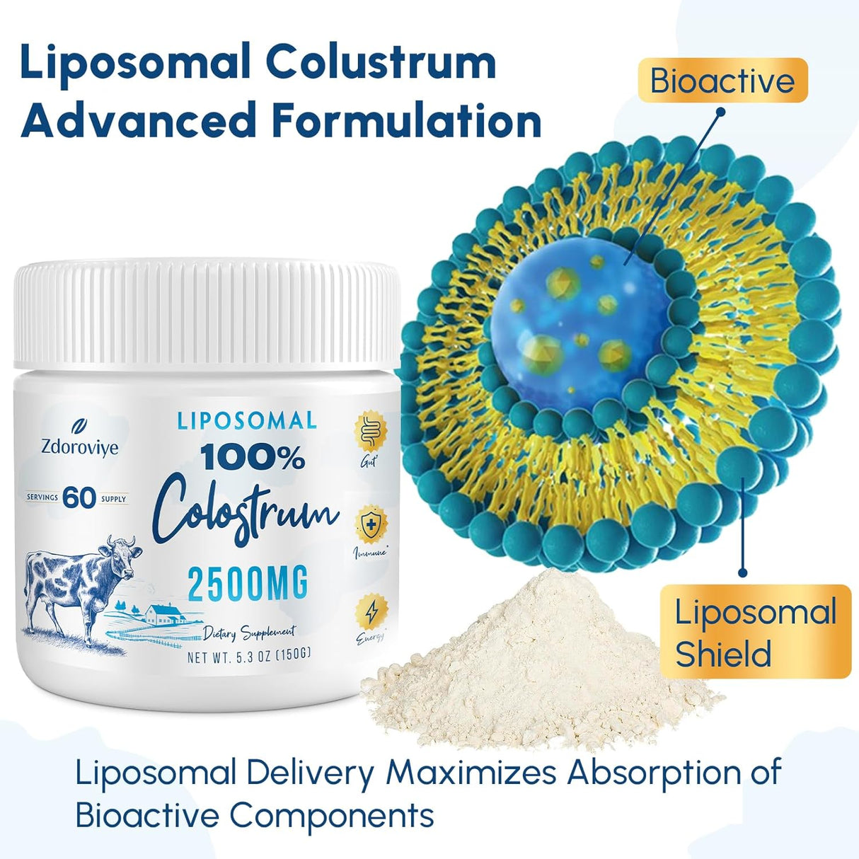 Suplemento de Colostro Bovino Liposomal 2500 mg - 60 Servings