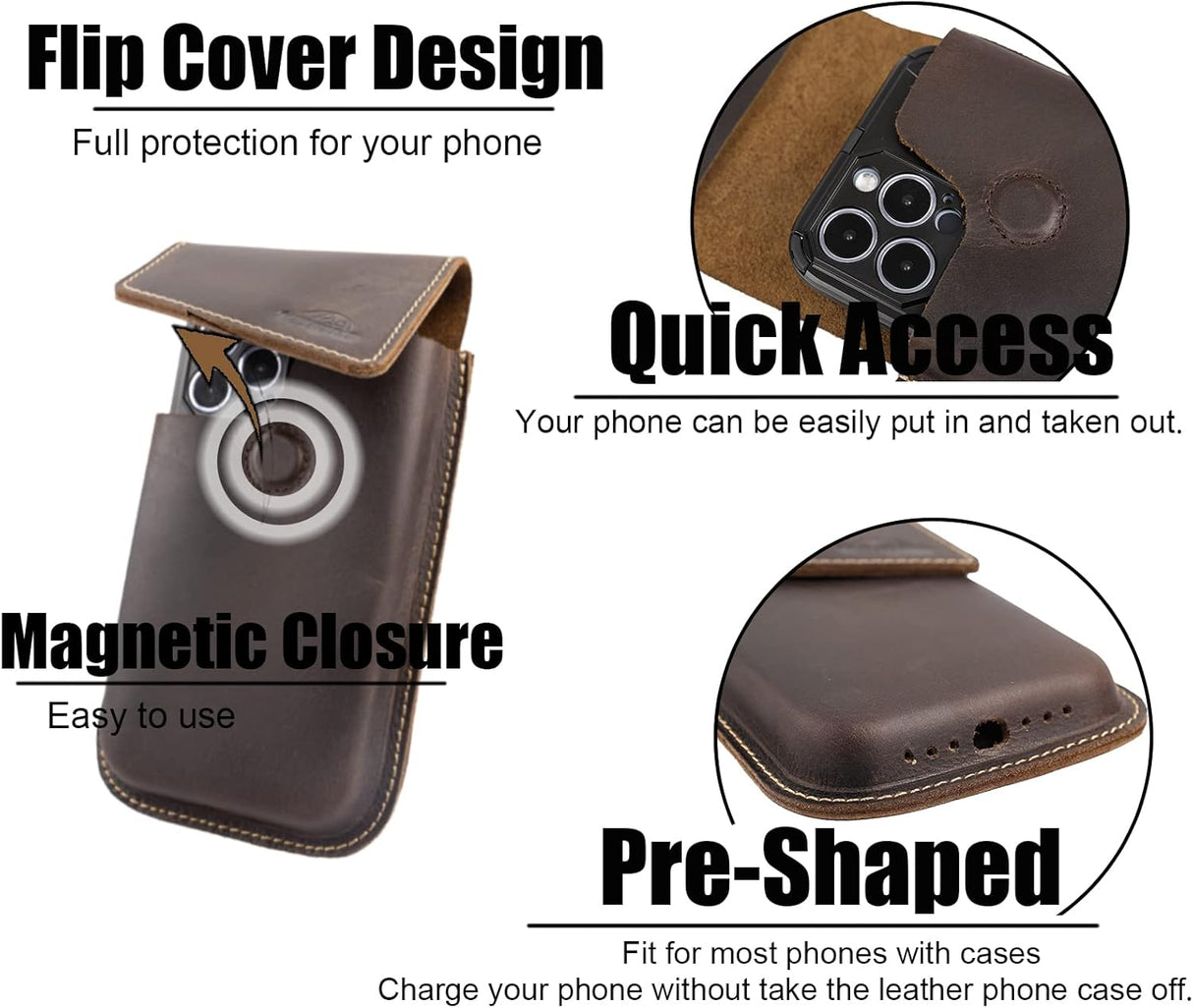 Topstache Funda de cuero para teléfono, Samsung S22 Ultra, funda para iPhone 13 Pro Max para cinturón, bolsa universal para teléfono con clip para cinturón, funda de cuero para Otterbox, fundas abatibles para teléfono celular