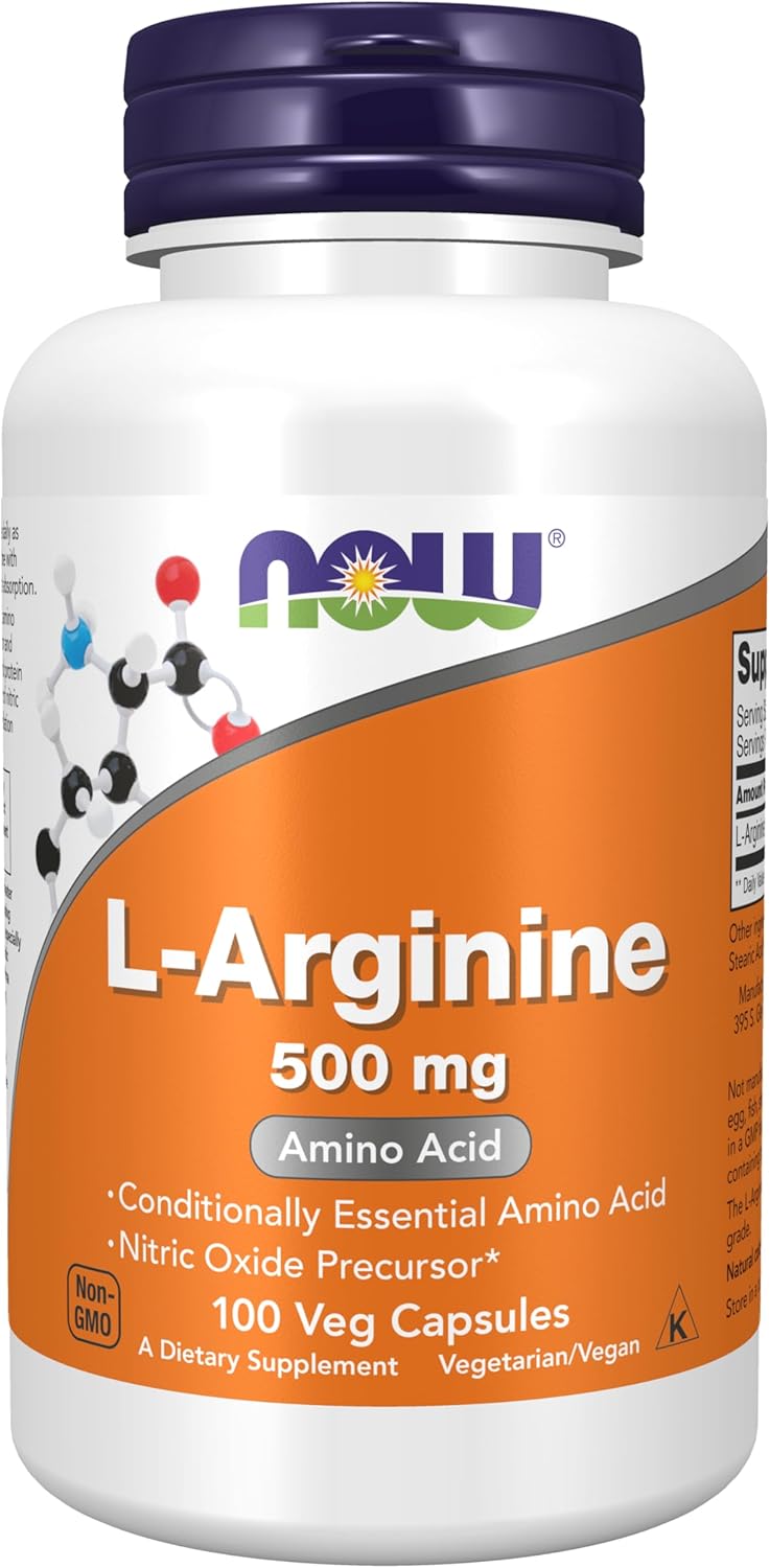Suplemento L-Arginina 500 mg de NOW Foods, 100 cápsulas veganas